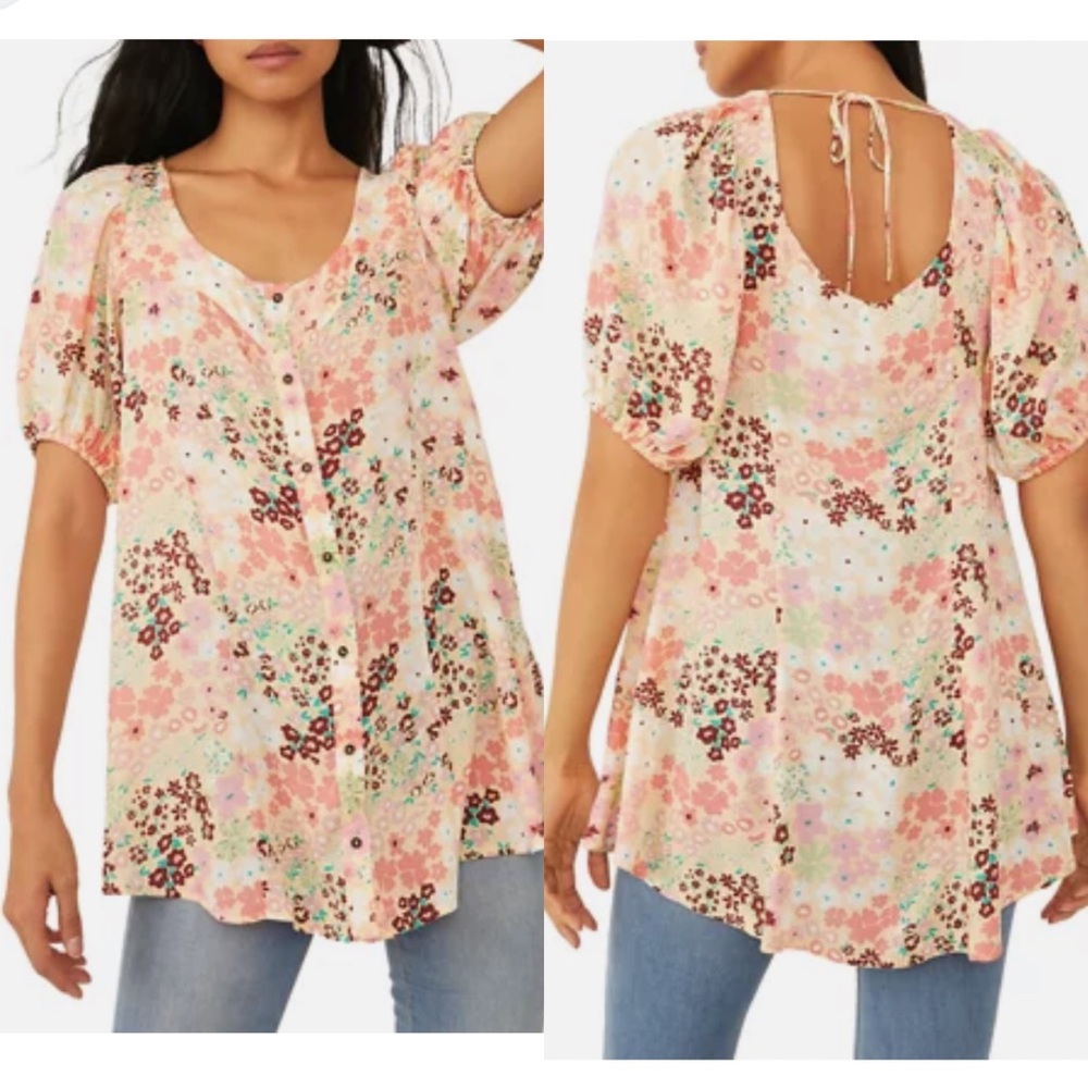 Free People Callie Puff Sleeve Floral Tunic Mini Dress Sz Medium NWT